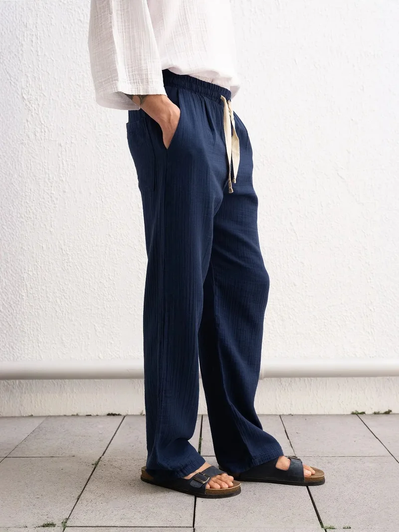 Giesto Navy Blue GIESTO Textured Cotton Relaxed Fit Drawstring Waist Pants for Men | Best Price UAE